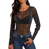 GUANYY Womens Long Sleeve Boat Neck Glitter Tops Sheer Sparkly Blouse Sexy See Through Layering Shirts