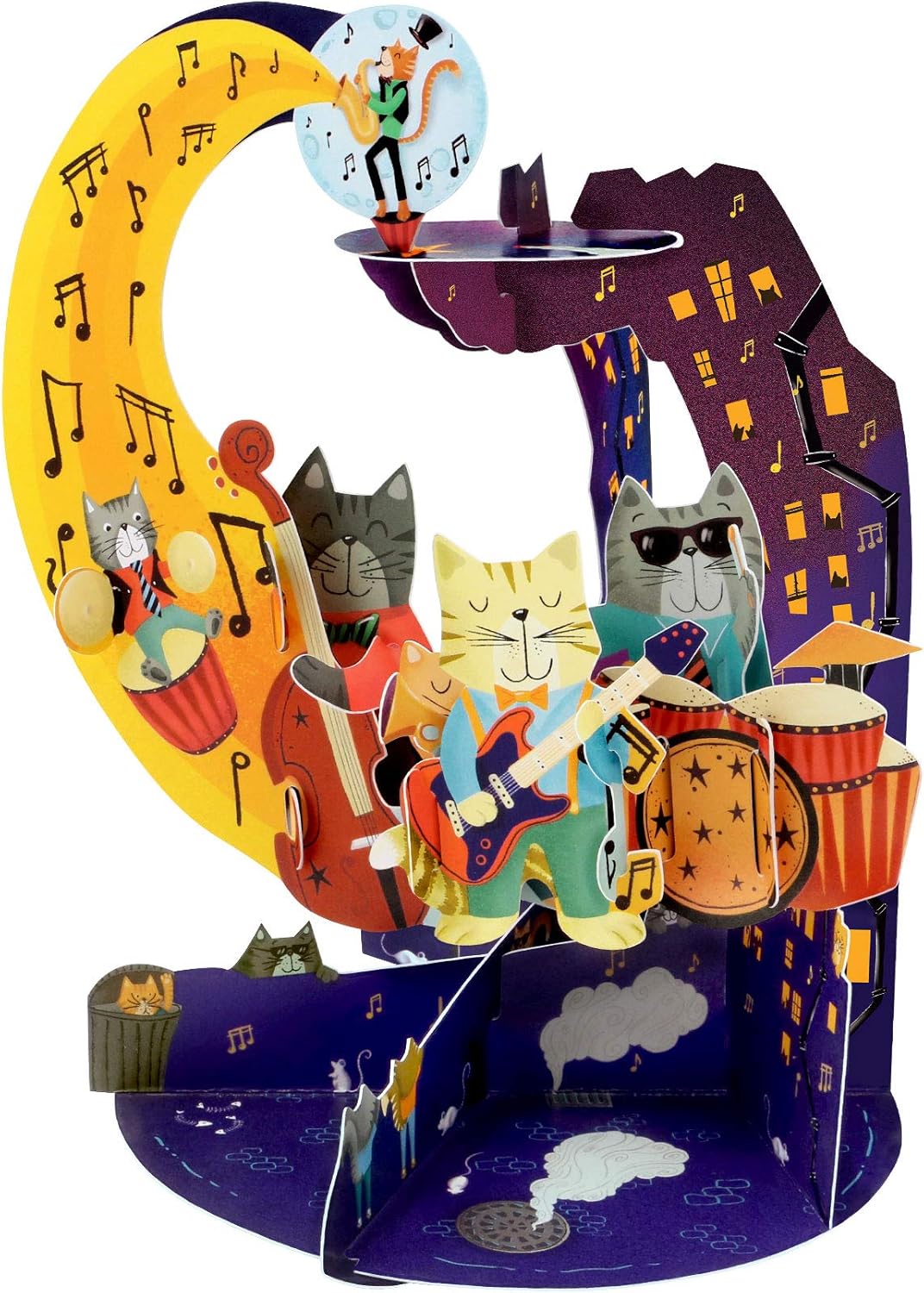 SANTORO Pendulum, 3D Pop Up Greeting Card - Jazz Cats - for Her Him, Kids, yellow|grey|brown|blue, 16 x 21 cm