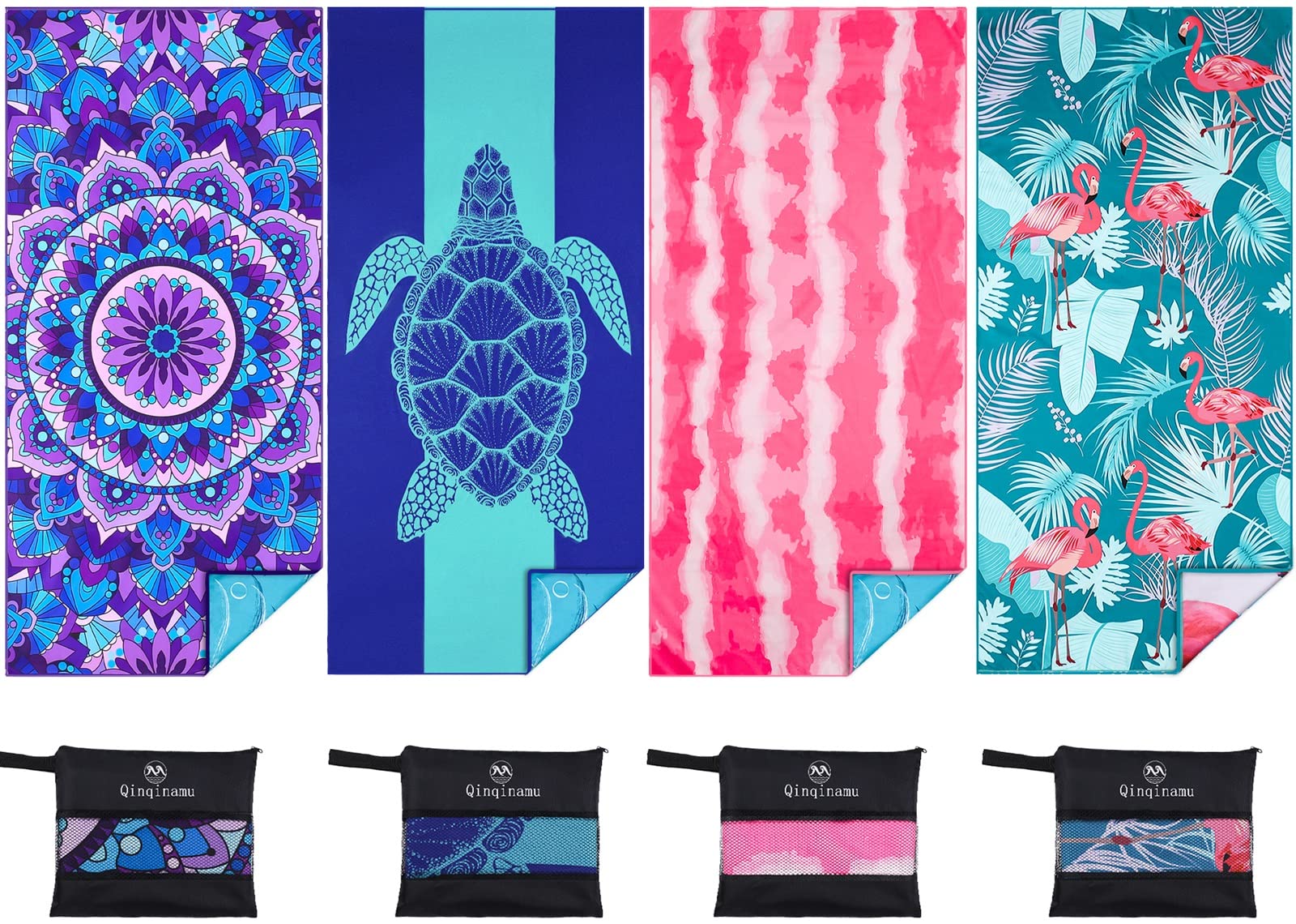 Photo 1 of 4 Pack Microfiber Thin Lightweight Beach Towel Oversized 71x32 Extra Large Sand Free Towels for Travel Swim Pool Yoga Gym Camping for Adults Women Men Beach Essentials Accessories Vacation Gift