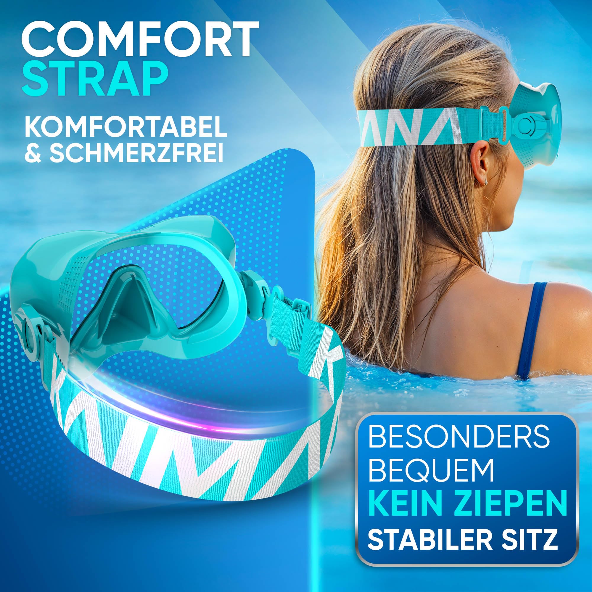 Das Neue KAIMANA® AquaVision Prolite Schnorchelset für Erwachsene inkl. Tragetasche, Bequeme Taucherbrille Erwachsene, Alternative zur Schnorchelmaske, Taucherbrille mit Stoffband/Silikonstrap 7