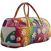 Hippie Journey Quilted Duffel Bag Vintage Floral Hippie Van Travel Duffle Bag Boho Travel Weekender Bags Overnight Luggage Bag Gym Tote (Style 1, Large (18" L x 9" W x 9" H))