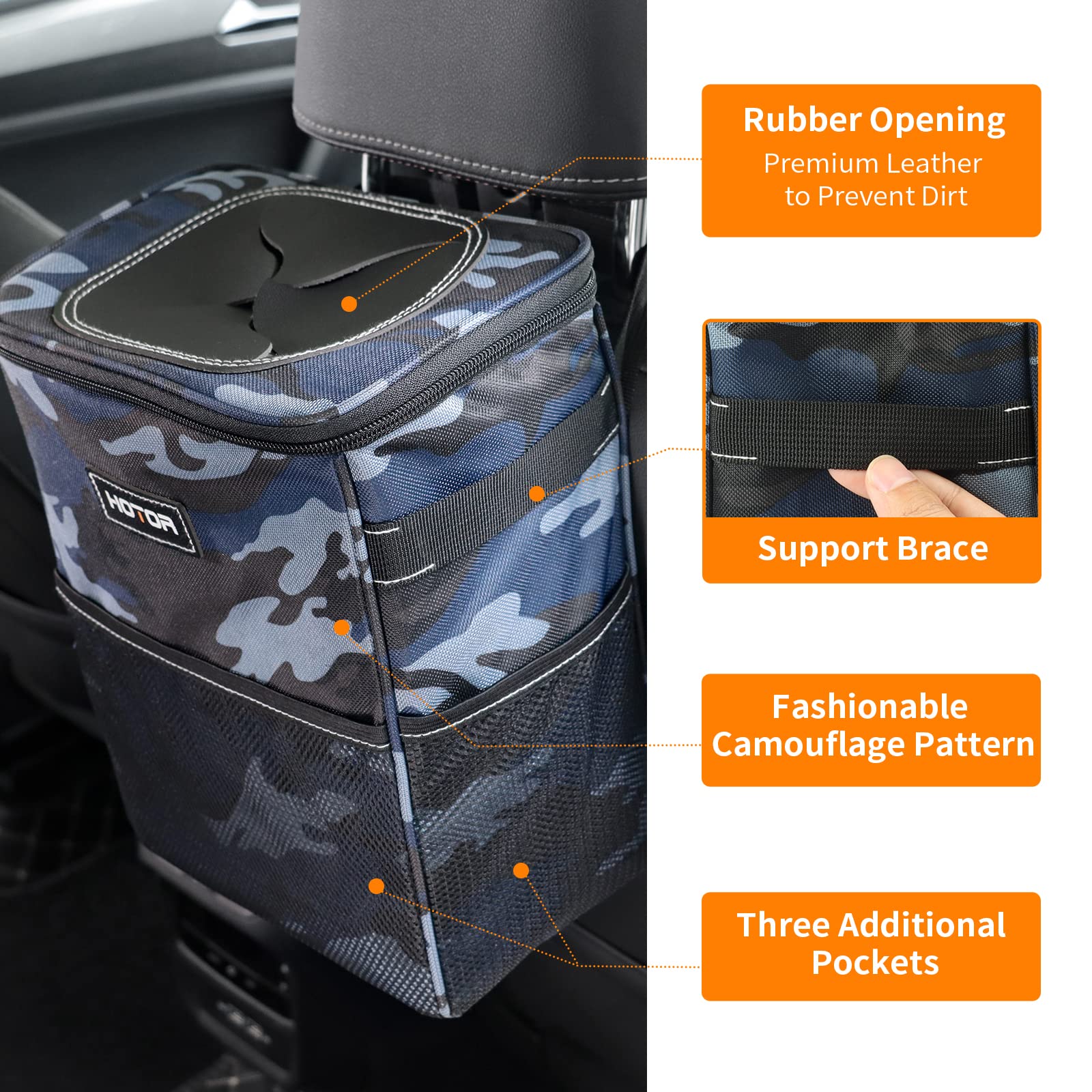 HOTOR Car Trash Can with Lid and Storage Pockets - 100% Leak-Proof Organizer, Waterproof Garbage Can, Multipurpose Trash Bin for Car, 2 Gallons, Camouflage Blue