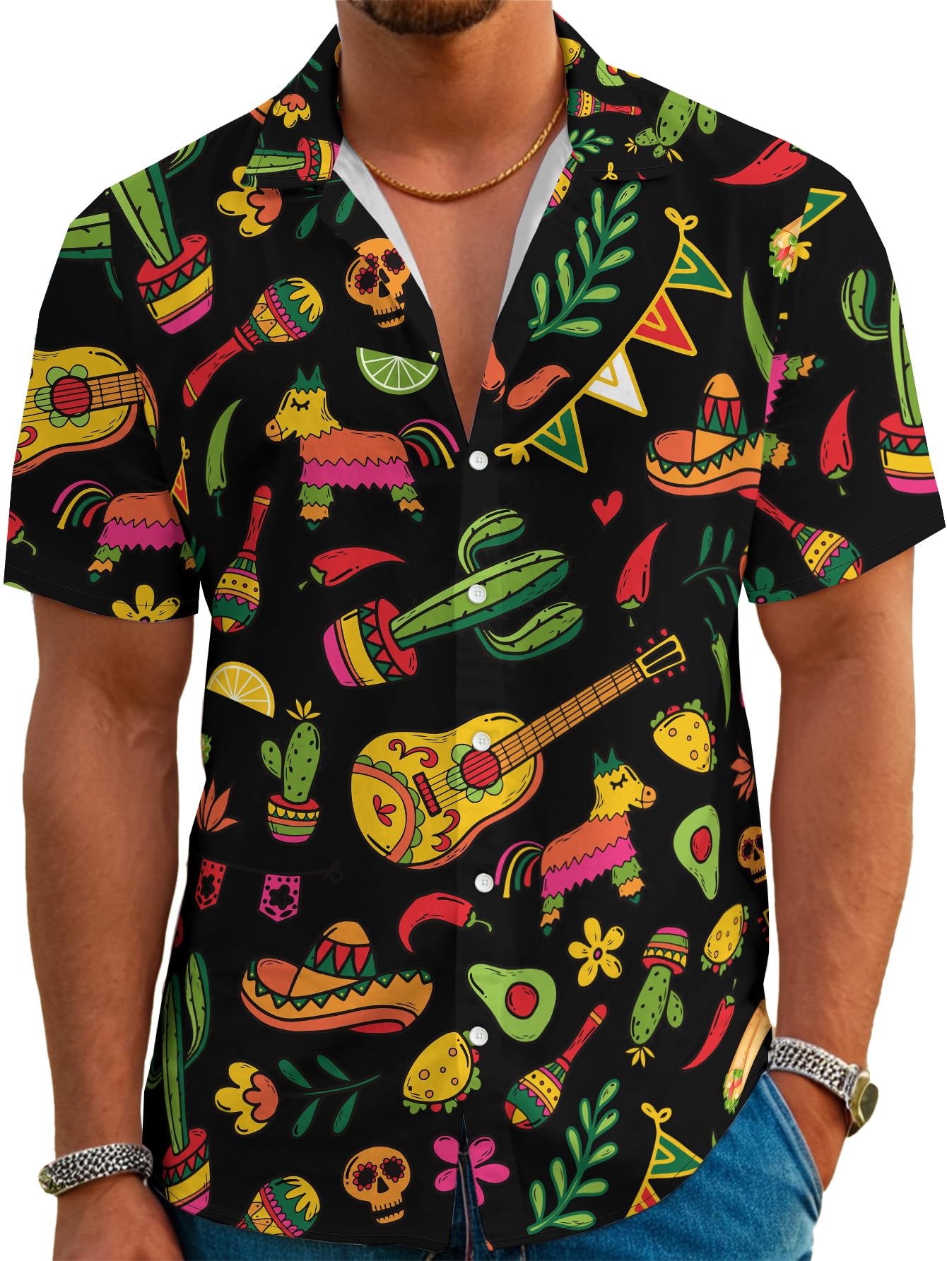 Photo 1 of Men's Hawaiian Shirt Mexico Funny Short Sleeve Casual Button Down Shirt Black Novelty Print Tropical Beach Shirt