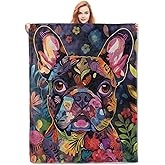 VANZEV Colorful Floral French Bulldog Flannel Blanket,Artistic Flower and Pet Soft Lightweight Throw Blankets Gifts for Women Dog Lovers,50" x 60" Perfect for Couch Bed Home Travel Decor