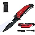 ALBATROSS 6-in-1 Survival Tactical Military Folding Pocket Knives with LED Light,Rope Cutter,Glass Breaker,Magnesium Fire Starter,Bottle Opener;Multi-Function Emergency Tool(Red)