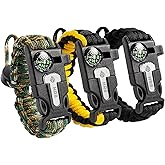 HR8 Paracord Survival Bracelet (3 Pack) – Adjustable Paracord Bracelets, Hunting Gear with Fire Starter, Compass, Whistle & 12ft 550 Cord – Camping & Hunting Essentials (Black, Camo, Yellow)