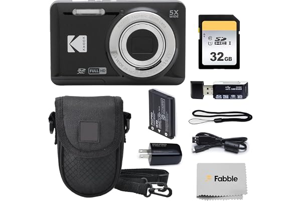 KODAK PIXPRO FZ55 16MP Digital Point & Shoot Camera, 5X Optical Zoom, 28mm Wide Angle, 1080P Full HD Video, Bundle with 32GB SD Card, Protective Case, and Hi-Speed Card Reader (Black)