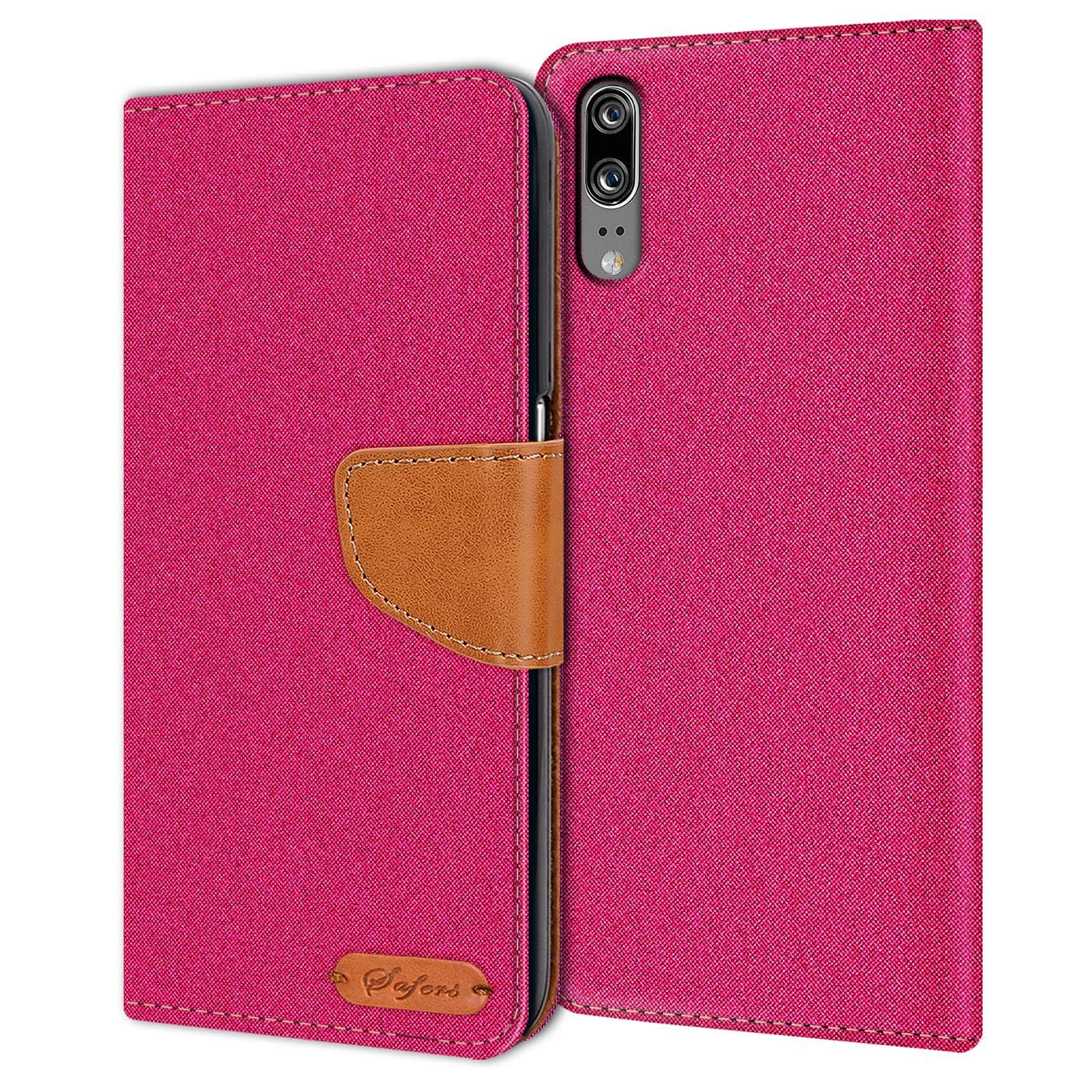 Verco Phone Wallet Case compatible with the Huawei P20, Canvas Faux Leather Book Cover for the P20 Flip Case Bag Hinged - Pink