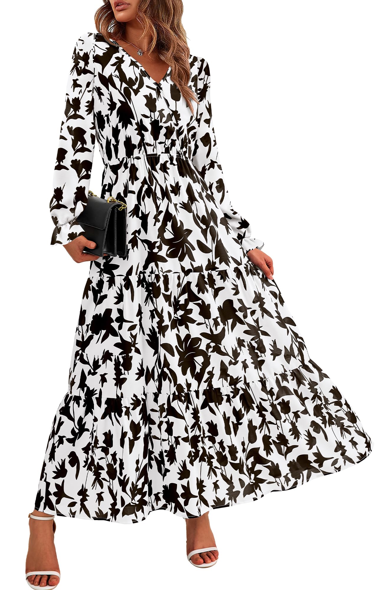 Photo 1 of BTFBM Women Fall Dresses 2025 Casual Long Sleeve V Neck Maxi Dresses Floral Boho Long Dress Wedding Guest Dress(Black White Flower,X-Large)