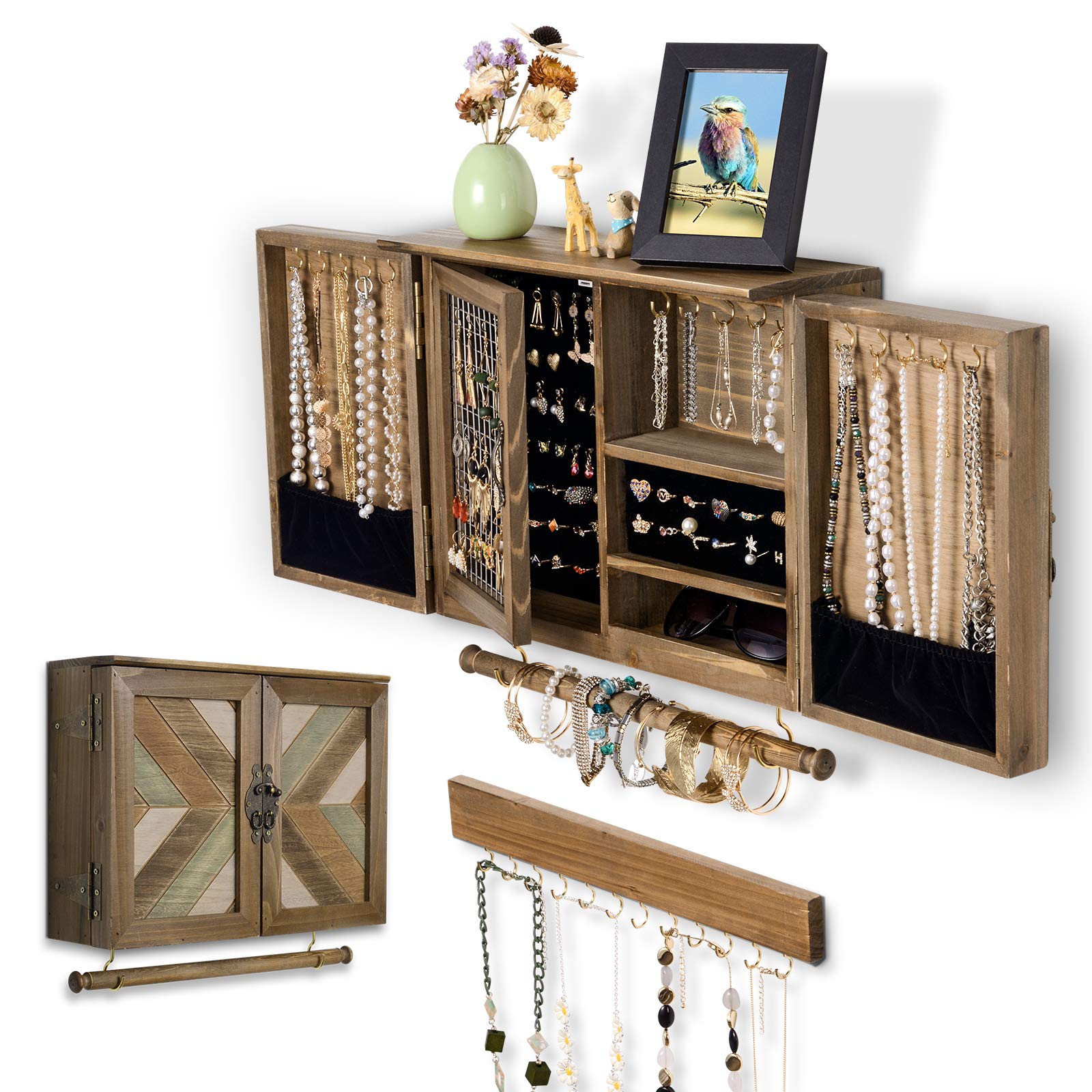 Photo 1 of ikkle Wooden Jewelry Organizer Wall Mounted, Hanging Jewelry Holder with Removable Bracelet Rod and Hooks for Necklaces Earrings Bracelets Rings, Brown