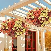 Geegoods 2 Set Artificial Hanging Basket Fall Flowers for Outdoor, Fake Faux UV Resistant Look Real Mixed Mums Plants for Autumn Porch Patio Balcony Yard Home Decor