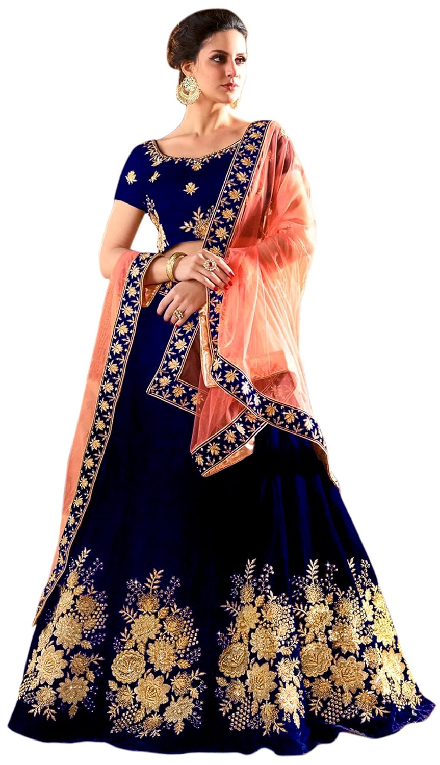 westcoaston embroidered semi stitched lehenga choli and dupatta set (navy blue)