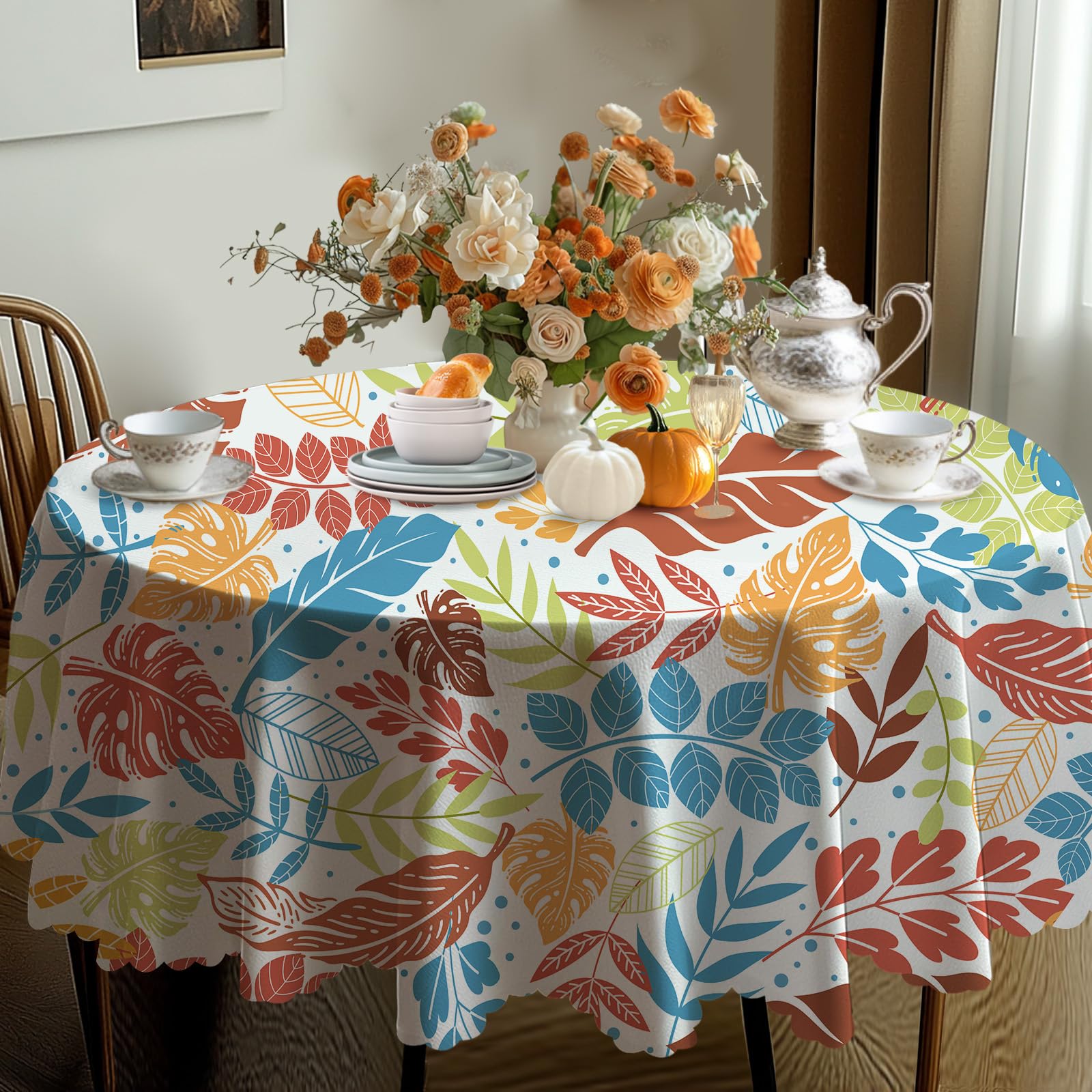 iEvery Colorful Leaves Round Tablecloth 150cm, Wipe Clean Polyester Autumn Table Cloth Waterproof Wipeable Circular Table Cover for Kitchen Dinning Garden Party Picnic Patio Outdoor