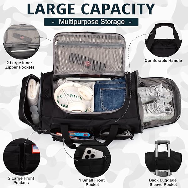 TACTICAL GYM BAG FOR MEN,50L LARGE 3 IN 1 SPORTS DUFFLE BAG WITH SHOES COMPARTMENT FOR TRAVEL,WATER RESISTANT TRAVEL BACKPACK WEEKENDER OVERNIGHT BAG WITH WET POCKET FOR WOMEN