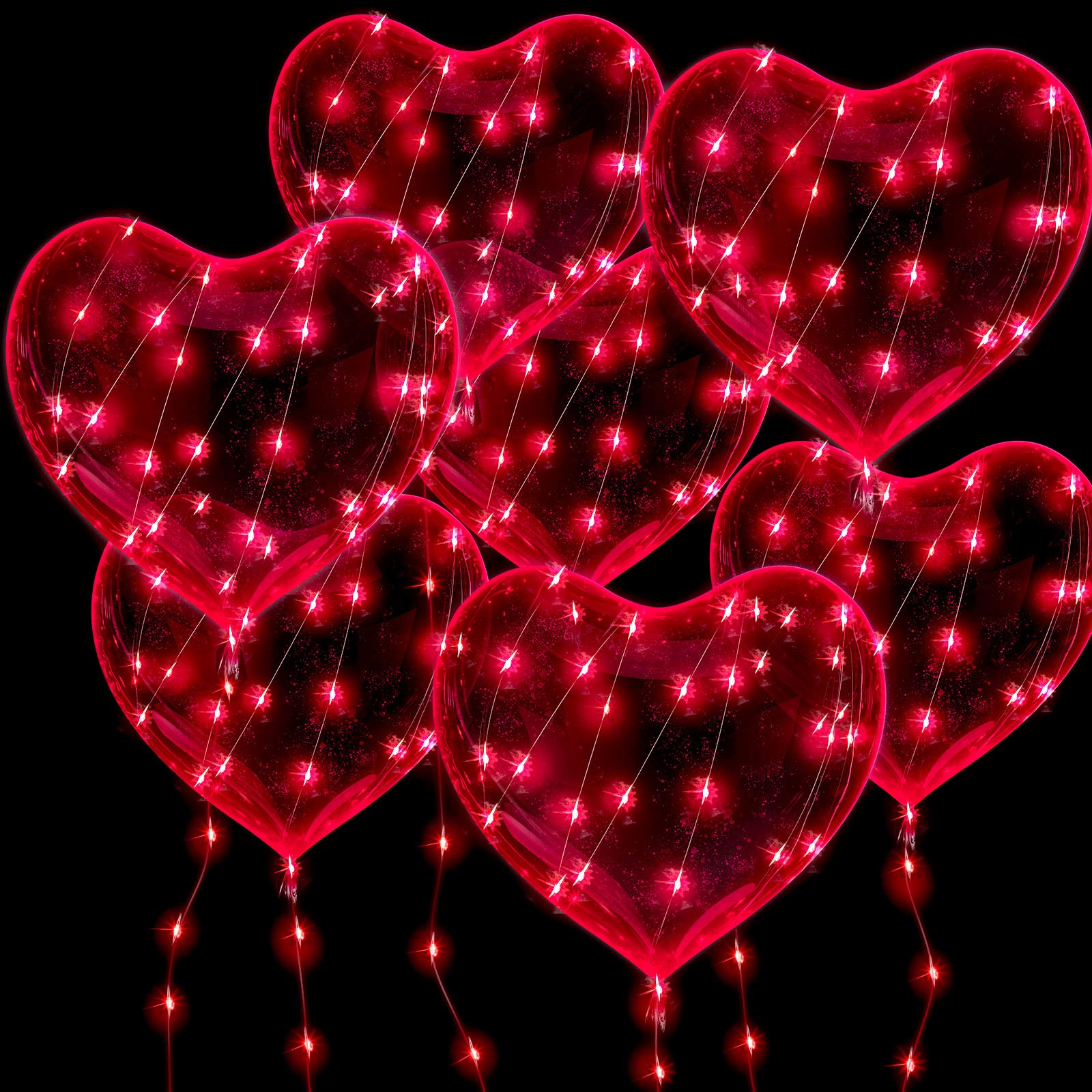 Photo 1 of 20 Pieces Valentines LED Light up Balloons Clear 18Inch Red Heart Shaped Bobo with 10ft LED Lights Reusable Fillable Glow Balloons for Wedding Engagement Party Valentines Day Decoration