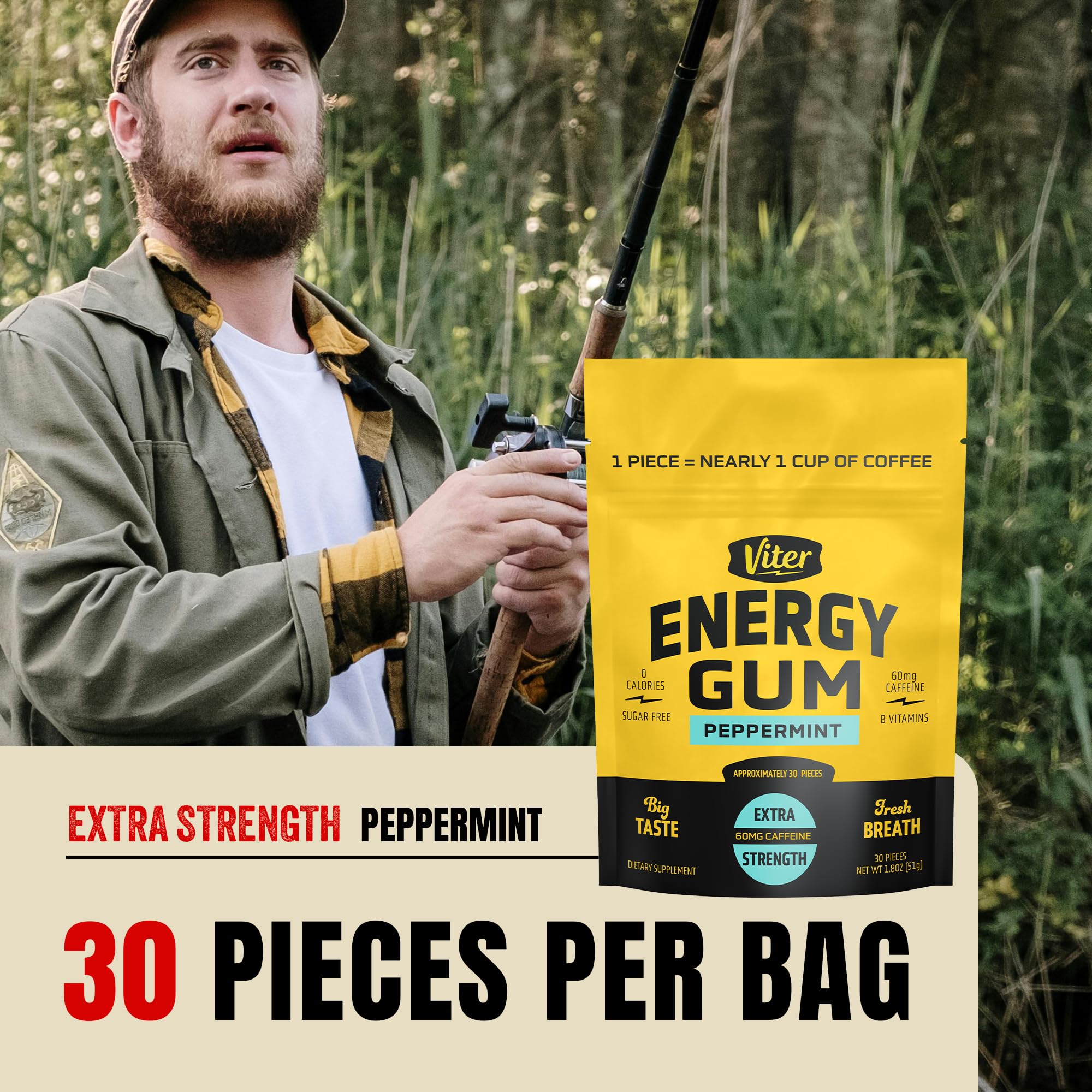 Viter Energy 60mg Caffeine Gum (Peppermint Flavor, 30 Pieces) - Sugar Free, Vitamin B3, B6, B9, B12, Zero Calories, Caffeinated Energy Chews, Nootropic Focus Supplement for Men & Women
