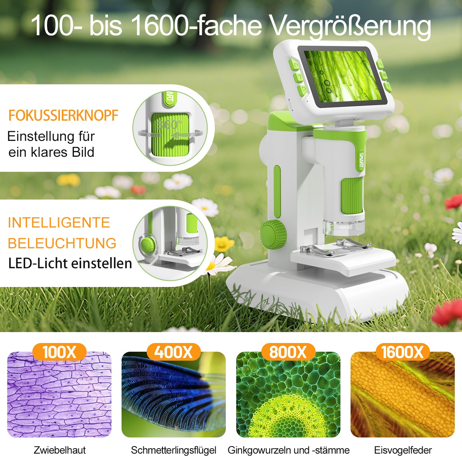 PYRODUM 4,0" IPS Digital Mikroskop 1600X, 1080P Tragbares Handmikroskop mit Foto- und Videoaufzeichnung, 32 GB Karte, LED-Licht, Objektträgerproben, Wiederaufladbar USB-Mikroskop für Kinder/Erwachsene 4