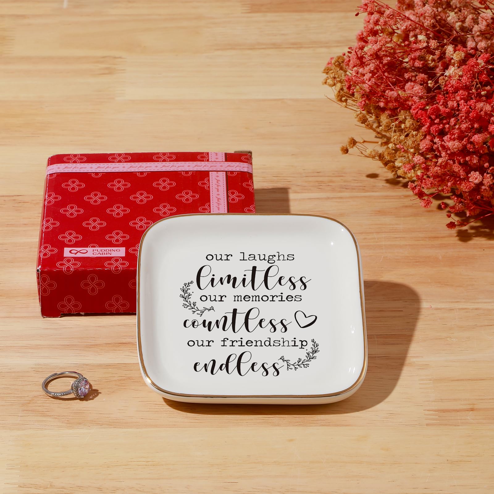PUDDING CABIN Friendship Gifts for Women Friends Ring Dish Our Laughs Limitless, Memories Countless, Friendship Endless! -Gifts for Friends Female Birthday Gifts for Women Bridal Shower