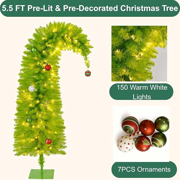 5.5FT PRE-LIT WHIMSICAL ARTIFICIAL CHRISTMAS TREE WITH 150 LED LIGHTS & COLORFUL BALLS, XMAS TREE WITH 8 LIGHTING MODES TIMER REMOTE CONTROL & METAL STAND FOR OFFICE HOME DECOR INDOOR