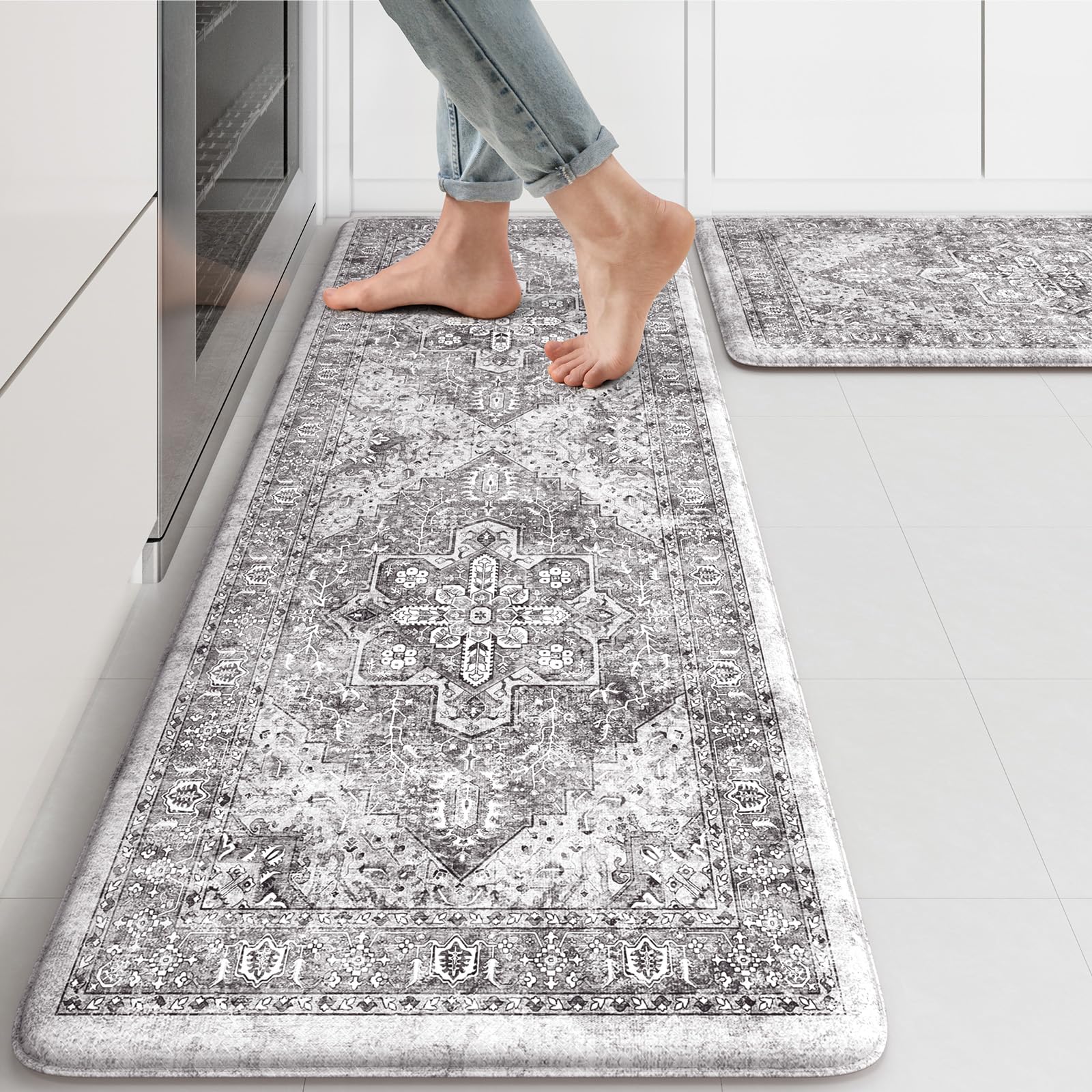 Photo 1 of KIMODE Anti Fatigue Kitchen Mats, 2 PCS Cushioned Kitchen Rugs and Mats, Waterproof Kitchen Floor Mats Non Slip, Boho Comfort Foam Standing Mat for Laundry, Office, Sink, Grey Brown 17"x47"+17"x29"