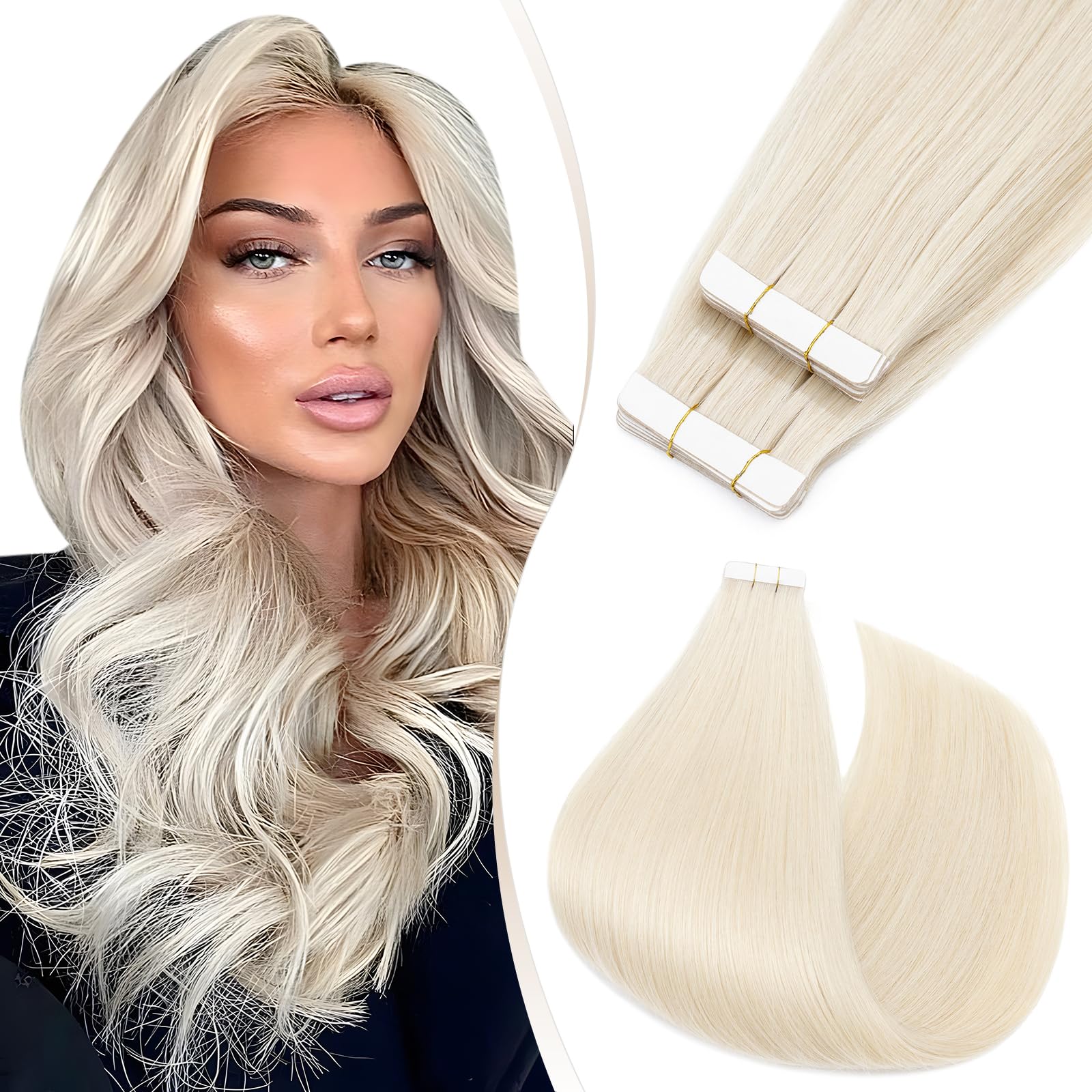 Elailite Tape in Hair Extensions Human Hair 40 PCS Thin Type 1.5g/pcs - 100% Real Natural Remy Hair Skin Weft Extension (#70 Bleach White, 16 inches) — image 1