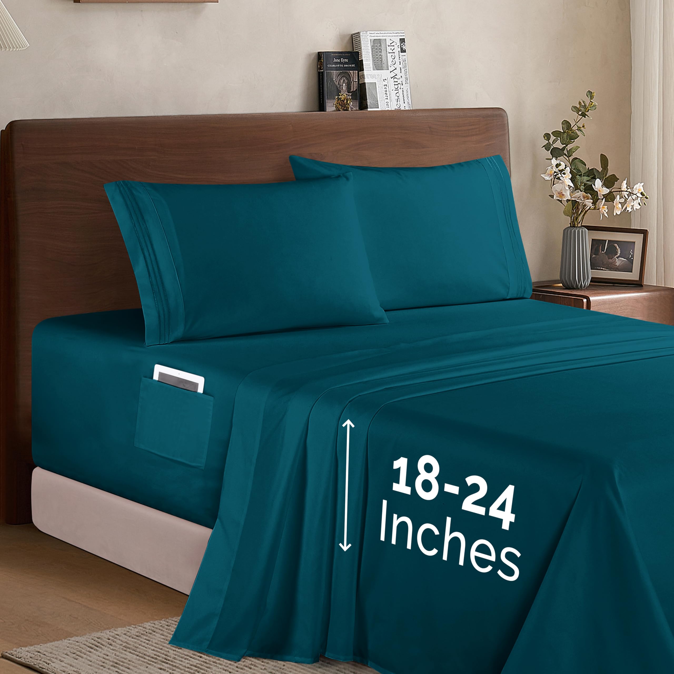 Elegant Comfort Luxury 1500 Premium Hotel Quality Microfiber 4-Piece Sheet Set - Soft, All Around Elastic 18-24 Inches Deep Fitted Sheet - Extra Deep Pocket Sheets, Full, Marine Teal Image