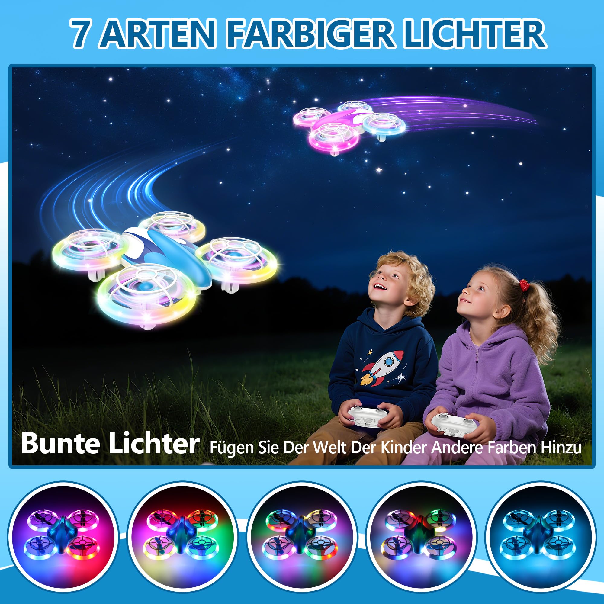 Charmofun Mini Drohne für Kinder Spielzeug ab 6+ Jahre, Mini Drone Set mit 7 LED Lichteffekte, 3 Akkus, Indoor Outdoor RC Drohne mit Höhehalten, RC Flugzeug Geschenke für Jungen Mädchen Anfänger 5