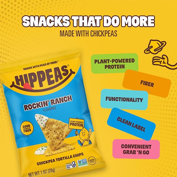 HIPPEAS CHICKPEA TORTILLA CHIPS, ROCKIN’ RANCH GLUTEN FREE SNACKS, DAIRY FREE, VEGAN, 1OZ, 3G PROTEIN, 3G FIBER, CRUNCHY, NUTRITIOUS, PLANT PROTEIN SNACK, NON-GMO, KOSHER
