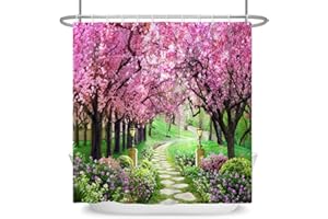 Uiiooazy Fabric Shower Curtain for Bathroom Pink Floral Trees Waterproof Bathtub Curtains Spring Park Scenery Rustic Shower Curtains Green Grass RV Bathroom Decoration with Hooks 72x72 inches