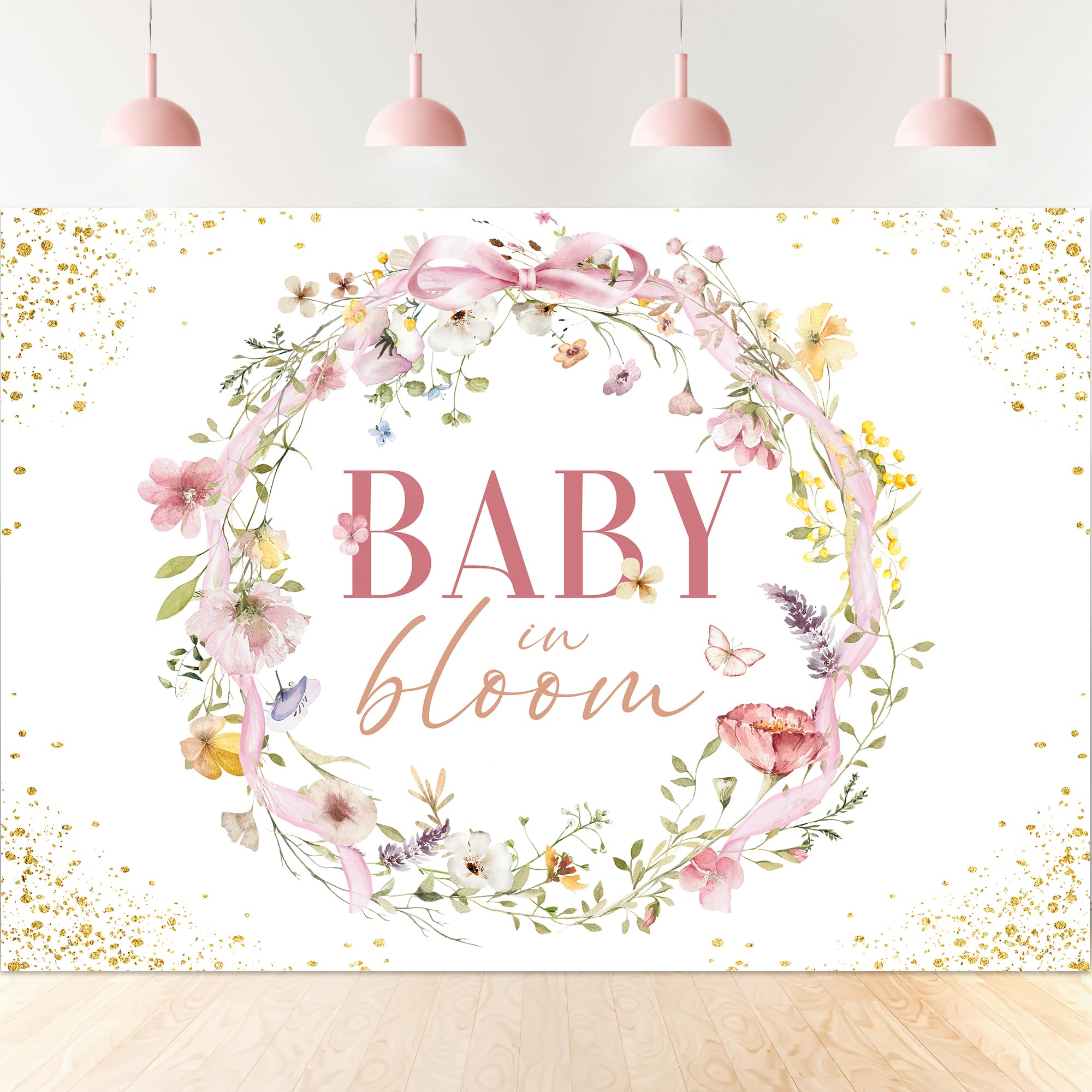 Photo 1 of Ufeela Baby in Bloom Backdrop 7Wx5H Feet Fabric Polyester Pink Floral Wildflower Baby Shower for Girls Rustic Watercolor Plant Botanical Gold Dots Photography Background Banner Photo Shoot Decor Props