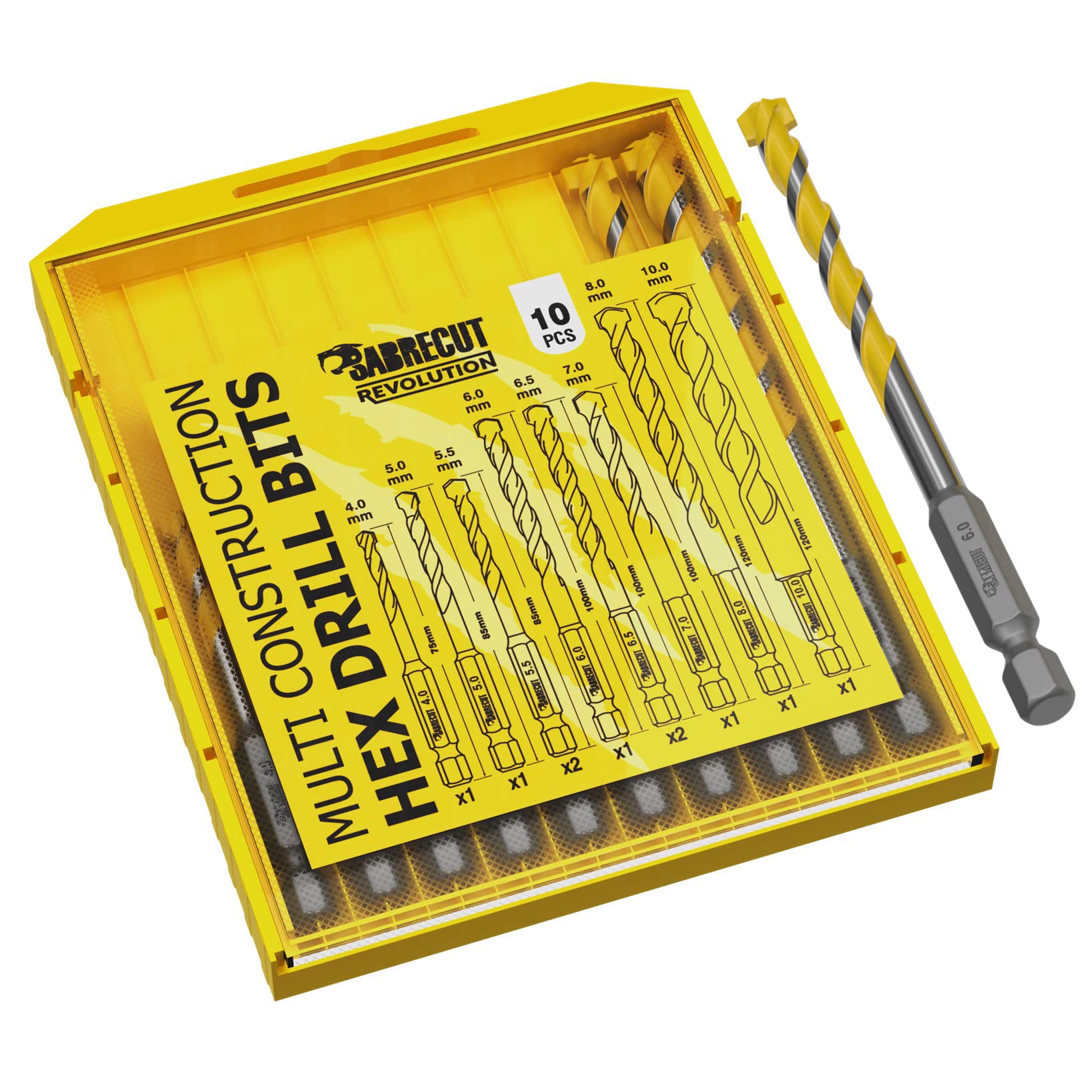 10 x SabreCut SCRMCH001 4mm 5mm 5.5mm 6mm 6.5mmm 7mm 8mm 10mm HEX Shank Ultra Durable Long Life Carbide Tipped Hammer Drill Multi Construction Drill Driver Bits for Brick Block Tile Wood Plastics