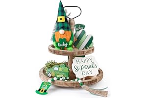 AKEROCK St Patricks Day Tiered Tray Decor, St Patricks Day Decorations Set with Gnomes Plush & 3 Wooden Signs & Wooden Bead Garland for The Home (Tray not Included)