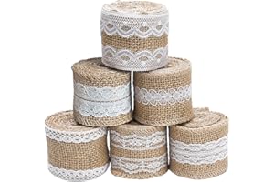 Livder 6 Rolls 2 Inch Width Natural Jute Burlap Ribbon with White Lace for DIY Home Decoration, Wedding Party and Gift Packaging