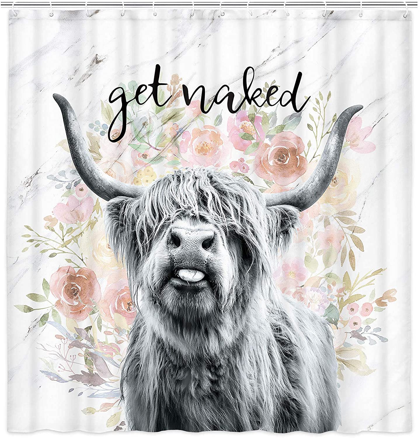 通用 Get Naked Highland Cow Bull Shower Curtain, Funny Western Farmhouse Cattle Bull Cow and Flower Bathroom Curtain with Hooks, 180 x 180 cm