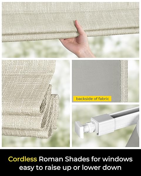 NO TOOLS NO DRILL CORDLESS ROMAN SHADES FOR INDOOR WINDOWS 100% BLACKOUT, FOR WINDOW SIZE 20″ W × 64″ H BEIGE