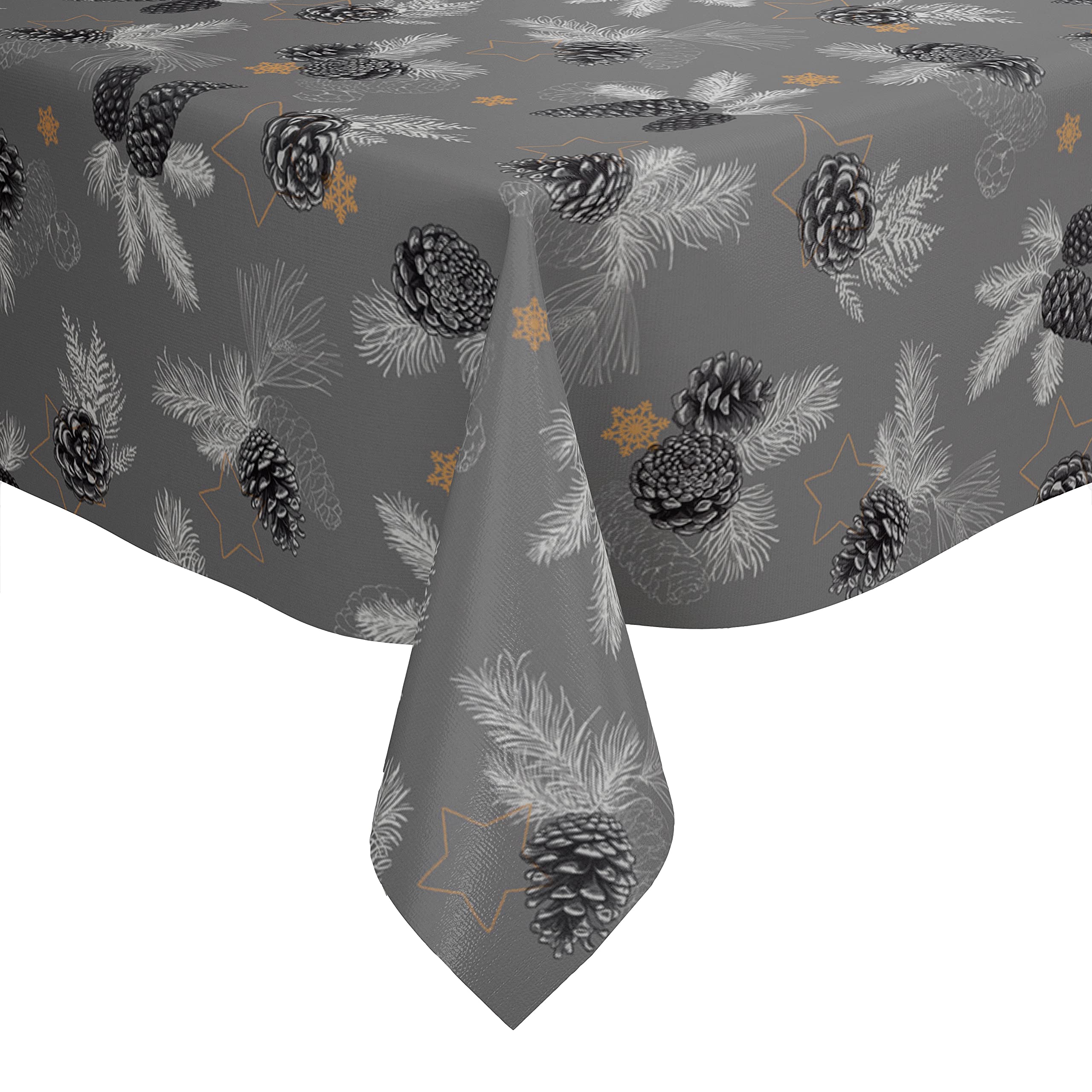 Karina Home Christmas Pine Cones Grey and Grey PVC Vinyl Wipe Clean Oilcloth Tablecloth (250cm x 140cm)