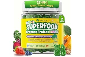 LILICARE Kids Super Greens Gummies, 20+ Fruits and Veggies Supplement w/Spirulina, Spinach, Pomegranate, Probiotic, Shiitake for Immunity, Gut Health, Kid Vitamin Gummies, Sugar Free, 2 Pack