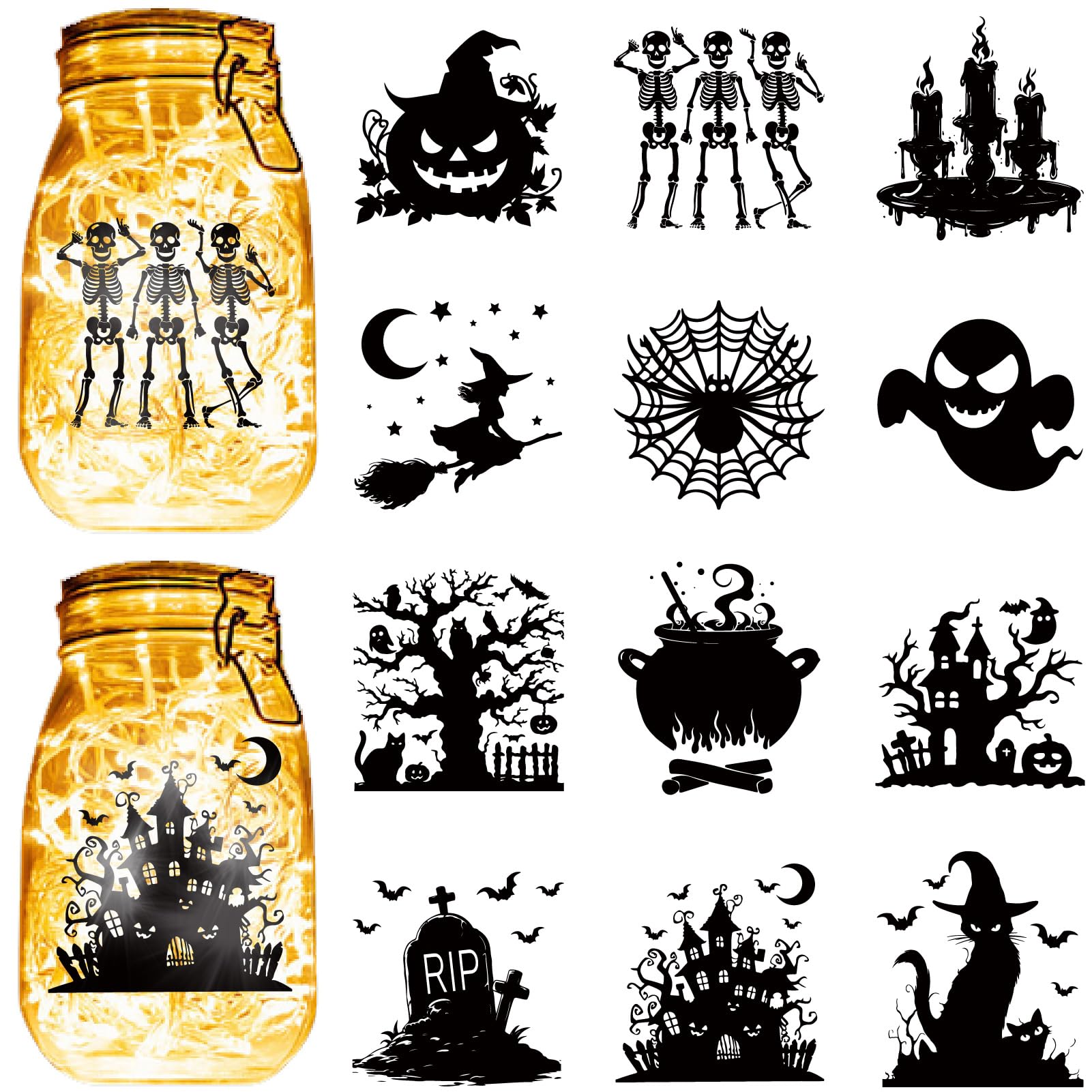 CREATCABIN 12Pcs Halloween Silhouettes Mason Jar Decor Laser Cut Cardboard Ghost Skull Die Cuts PVC Jars Scrapbook Decorations for DIY Crafting Light Hanging Lamp Frosted Glass-No Sticker 4x3.5Inch