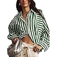 Lviefent Womens Striped Button Down Shirt Cotton Boyfriend V Neck Long Sleeve Batwing Blouse