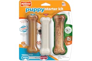 Nylabone New Puppy Starter Kit, 2 Chew Toys and 1 Natural Treat for Puppies, Puppy Teething Toy, Bacon & Chicken Flavor, Small Dogs - Up to 25 lbs., 3 Pack