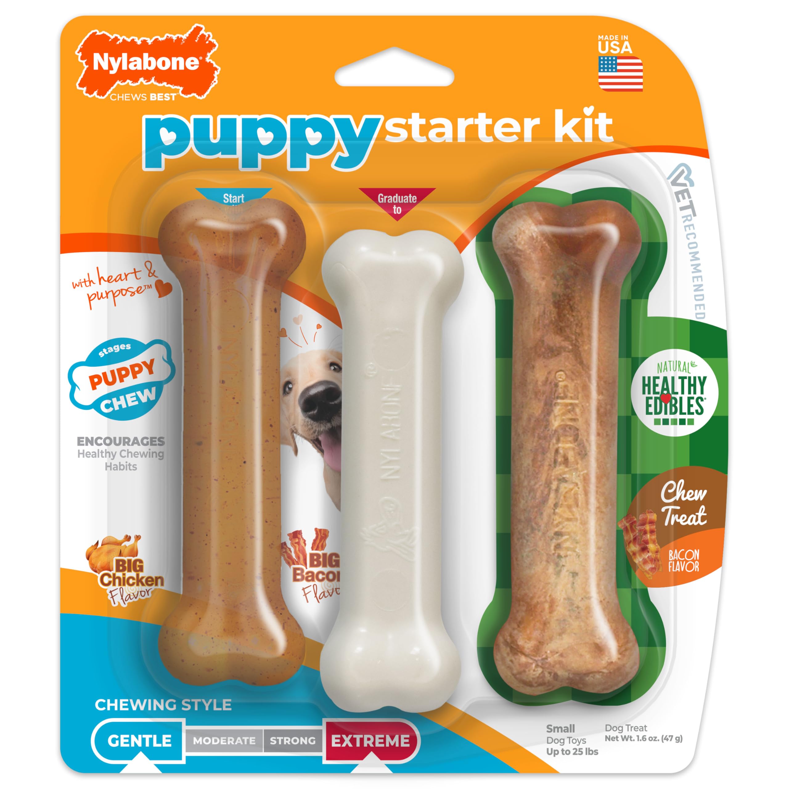 Nylabone Puppy Starter Kit, 3 Dental Dog Chew Bones, 1 Edible, 1 Gentle, 1 Extreme, for Small Breeds Puppies Up to 11 kg, Brown and White
