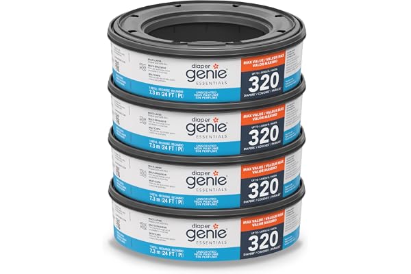 Diaper Genie Essentials Round Refill 4-Pack | Holds Up to 1280 Newborn Diapers | Features Unscented Continuous Film | Compatible with Diaper Genie Complete and Expressions Pails
