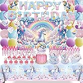 220Pcs Unicorn Party Birthday Supplies - Unicorn Party Decorations Included Backdrop, Banner, Tablecloth, Hanging Swirls, Cupcake Toppers, Tableware, Paper Towel, Latex Balloons