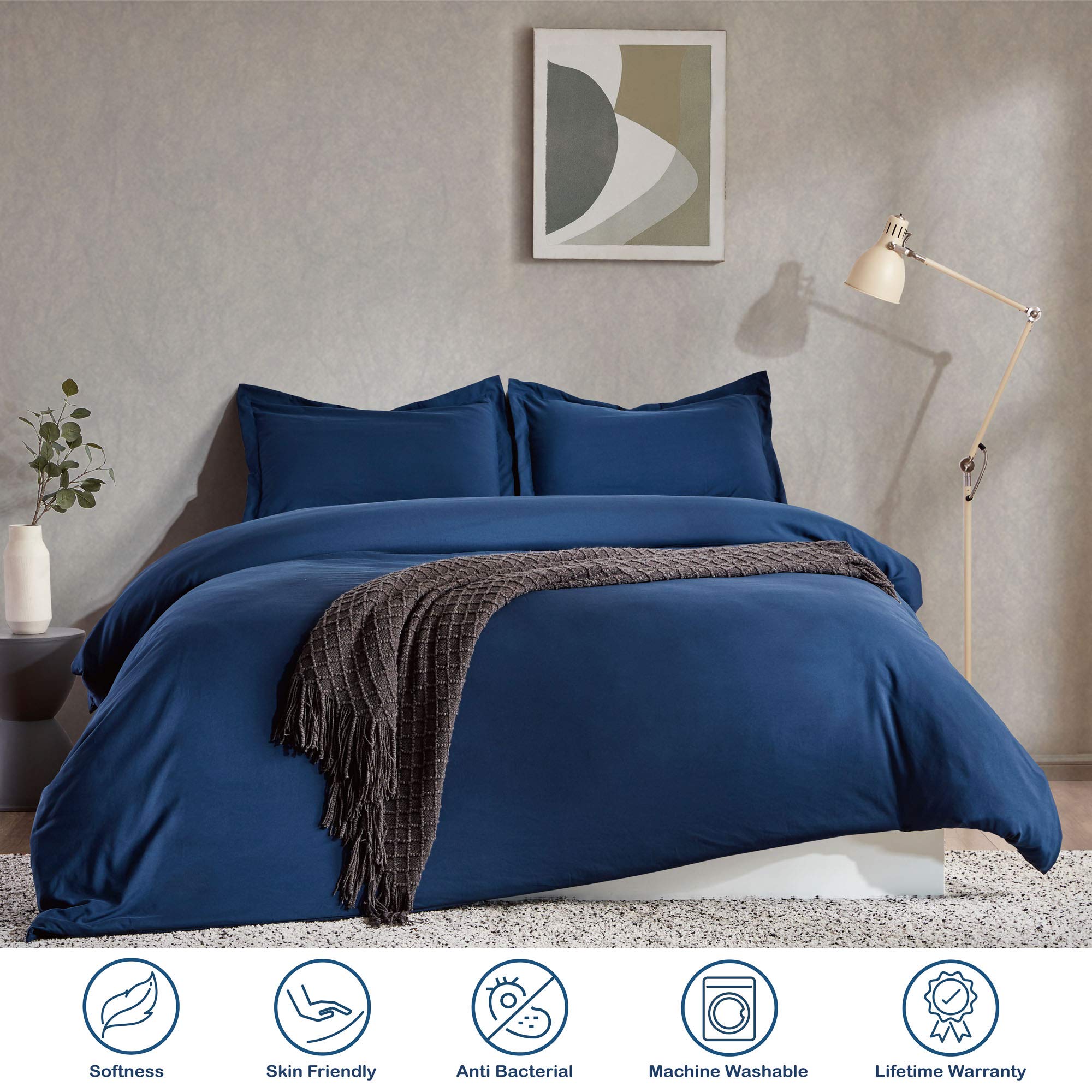 SLEEP ZONE Bedding Duvet Cover Cooling 120gsm Soft Zipper Closure 3 PC, Navy Blue,Full/Queen