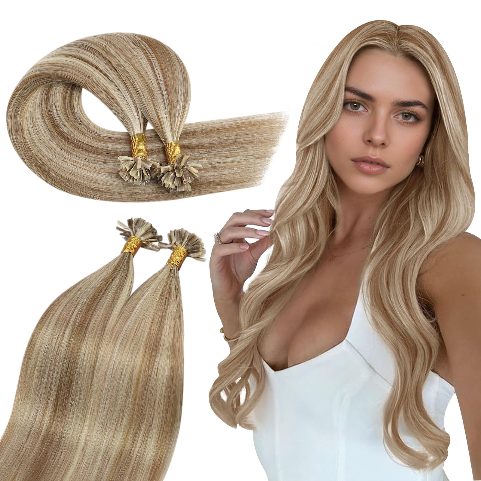 Ugeat U Tip Hair Extensions Real Human Hair Blonde Keratin Human Hair Extensions Golden Brown Highlights Bleach Blonde Hot Fusion Long Lasting Effect 14 Inch Short Hairstyles 50s 50G