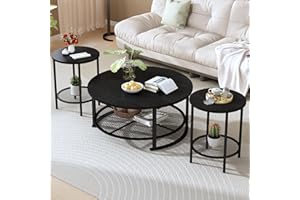 DKLGG 3 Pieces Black Coffee Tables for Living Room Table Sets, Round Wooden Coffee Table 3-Piece, Coffee and End Tables with Open Storage for Apartment Home Office, Small Spaces (Black)