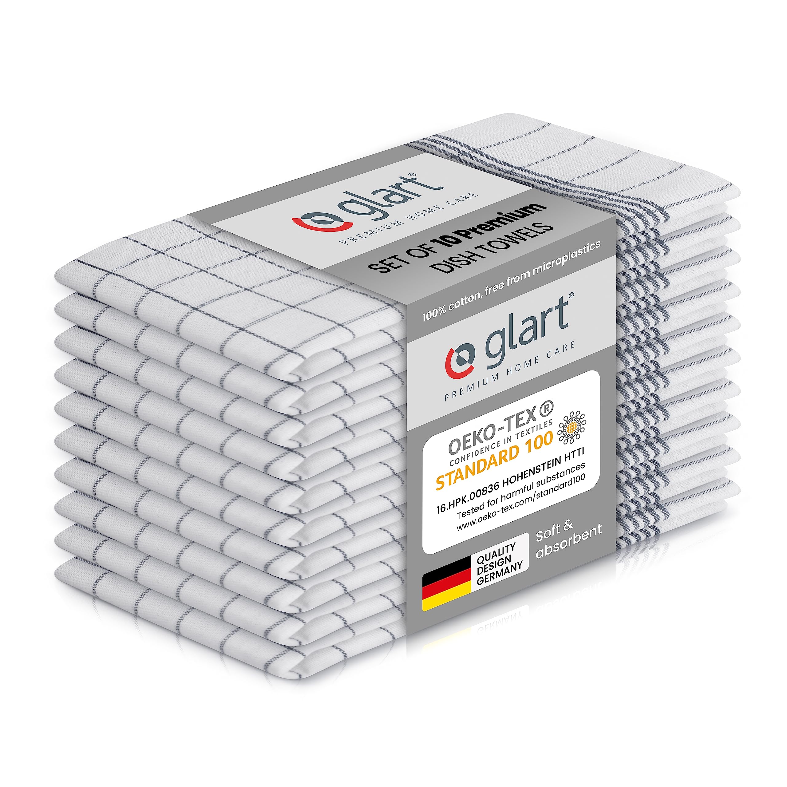 Glart 48KG2 Dish Towels, Set of 10, 50x70 cm, Grey Checked - 100% Cotton, OEKO-TEX certified, pre-washed, absorbent, washable, with hanger, durable, for household, kitchen, catering, office.
