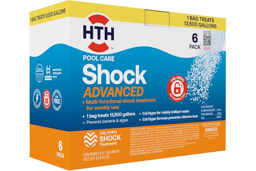 HTH 52036R Pool Care Shock Advanced, Swimming Pool Chemical - Cal Hypo Formula, Prevents Bacteria & Algae, Restores Crystal Clear Water - Shock Treatment, (6 Pack)