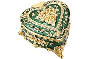 Hipiwe Vintage Jewelry Storage Box Heart Shaped Trinket Box Green Decorative Keepsake Box with Rose Pattern Treasure Organizer Holder for Women
