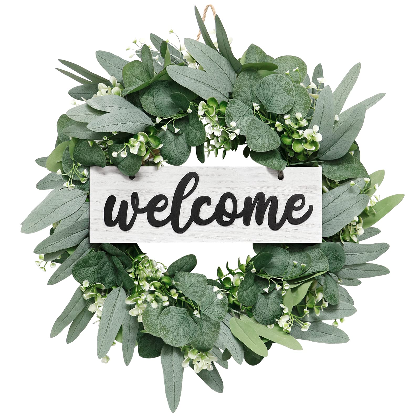 LOMOHOO Eucalyptus Leaves Wreath for Front Door 46cm Artificial Door Wreath with Welcome Sign,Spring Summer Green Wreath for Home Farmhouse Wedding Window Wall Decoration